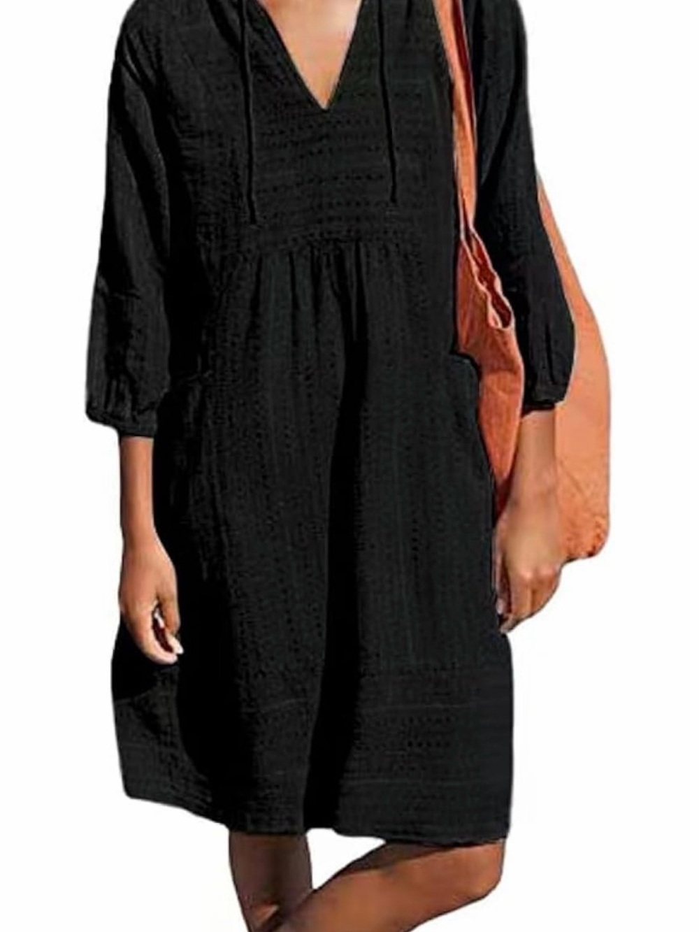 Black V-Neck Cotton Midi Dress